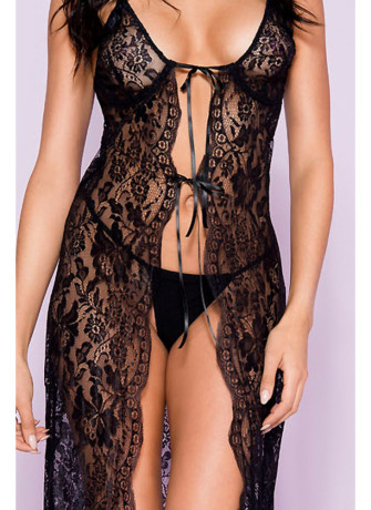 Nuisette déshabillée longue noire ouverte dentelle florale et string - ML53009BLK